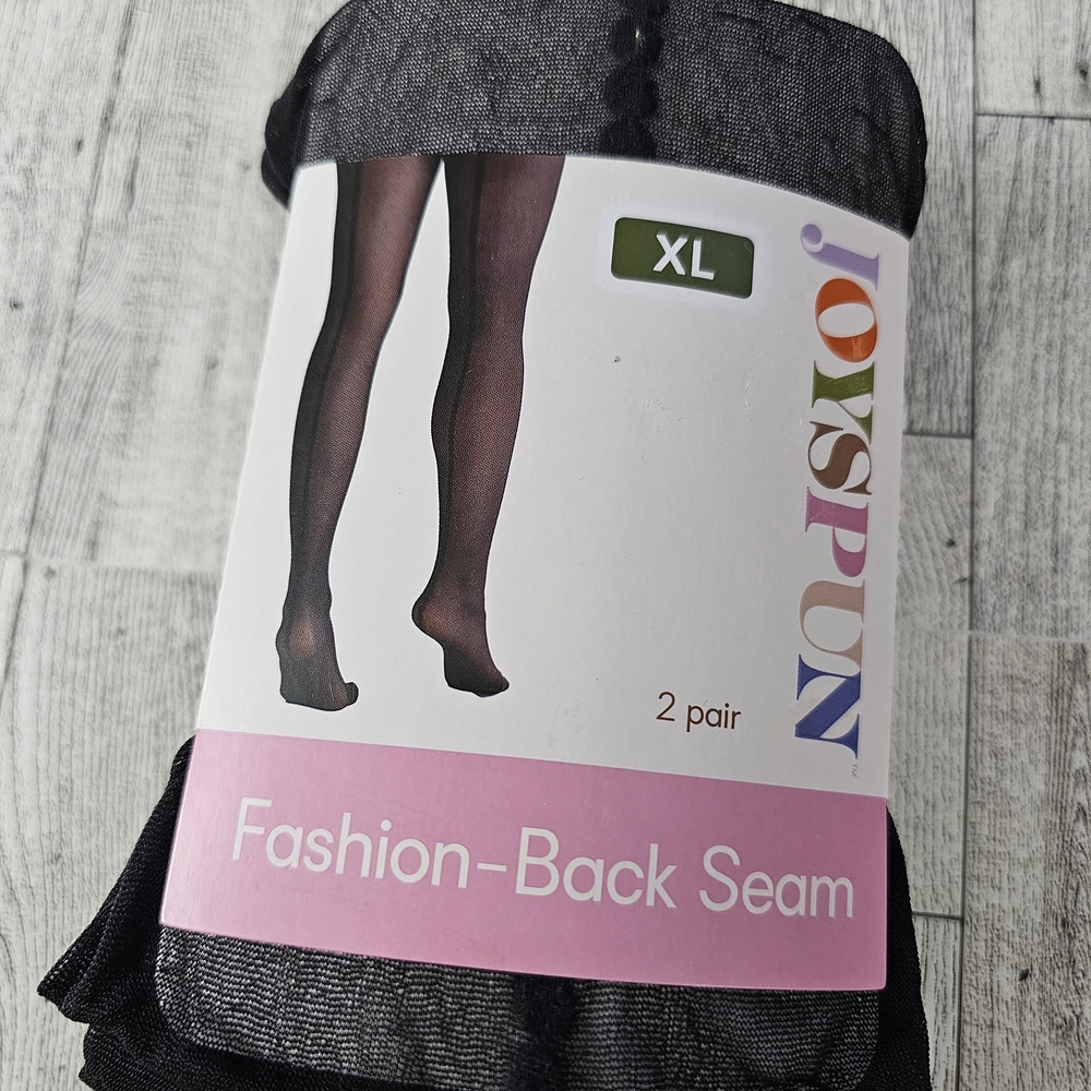 Joyspun Women's Black Back Seam Tights, 2 Pairs, Size XL